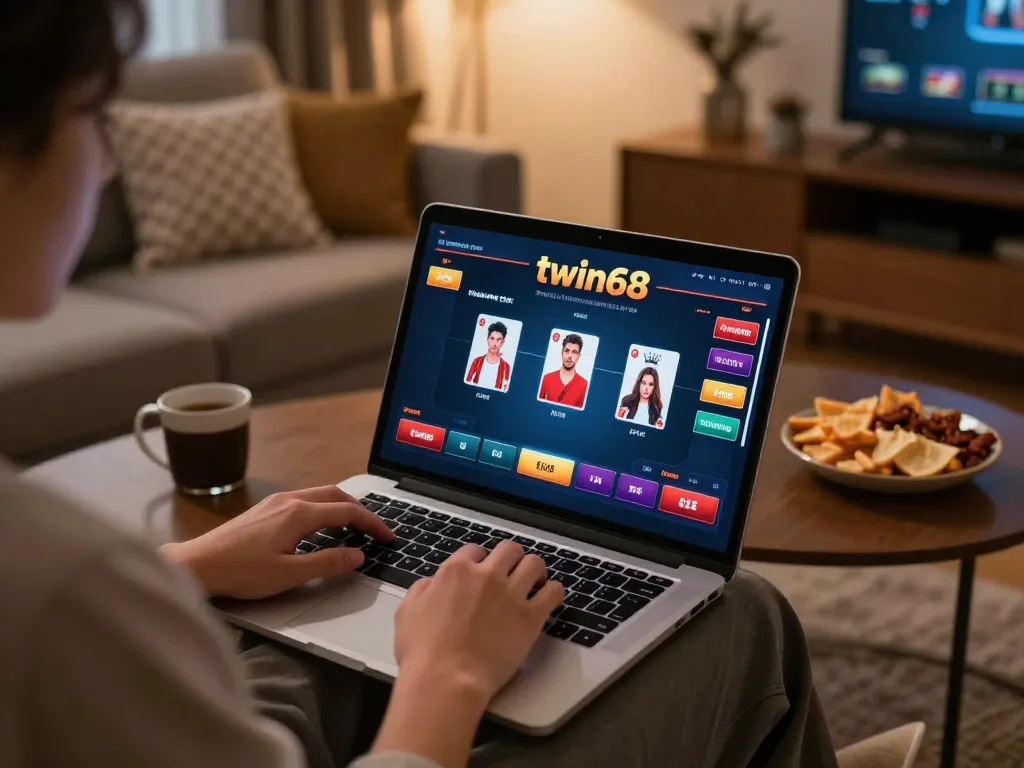 Person playing on twiin68 online casino, showcasing poker interface in a cozy home setting