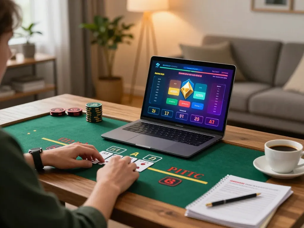KJC player engaged in live dealer blackjack at home with strategy notes visible.