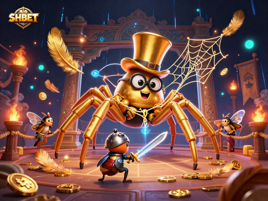 Experience thrilling gameplay with SHBET's golden tarantula and beetle knight in a vibrant casino world.