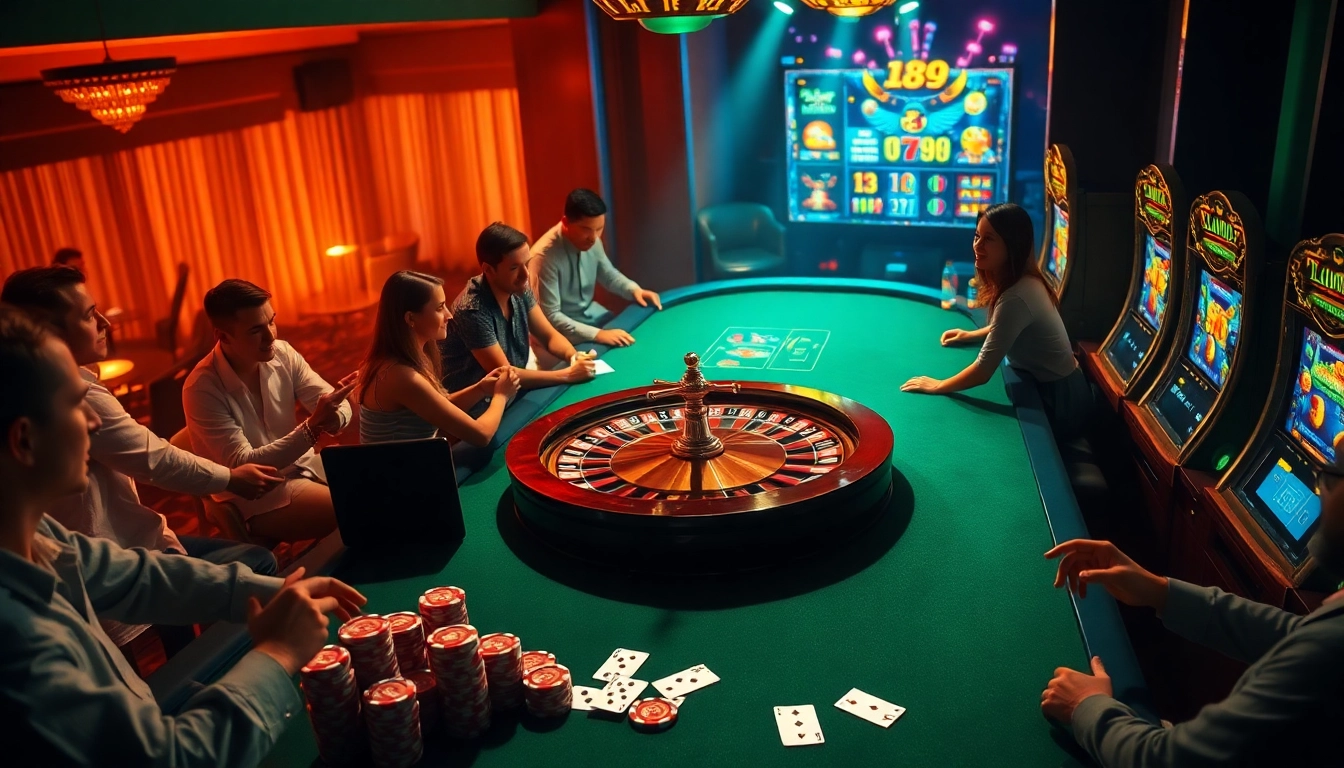 i9bet players enjoying a thrilling game at an elegant casino table with vibrant slot machines.