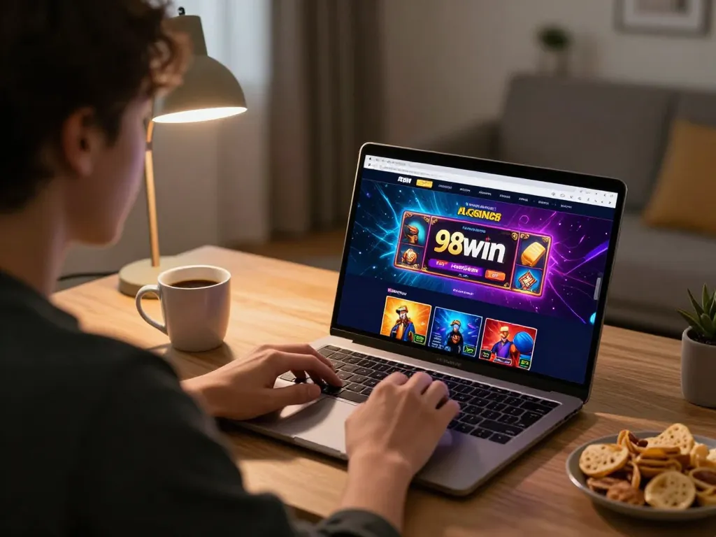 Engaging scene of a player enjoying 98win online casino at home with a laptop, highlighting excitement.