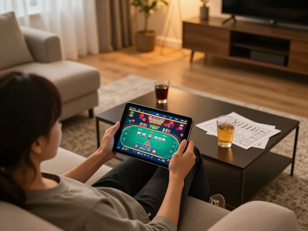 Engaging in online casino games at home with a luckywin tablet, surrounded by strategy notes.