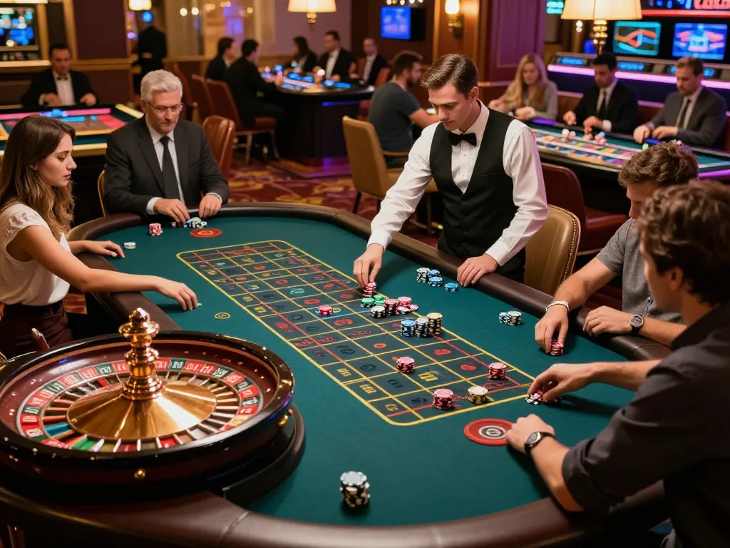 Players engaging in an exciting roulette game at a sunwin casino, vibrant atmosphere with colorful chips.
