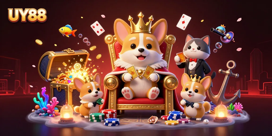Experience thrilling gameplay at UY88 with vibrant corgi-themed casino illustration filled with treasures.
