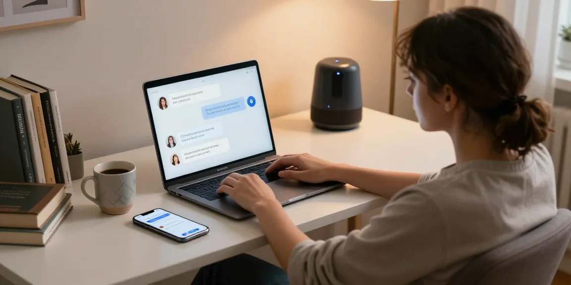 Engaging in a sex chat ai session at a cozy home workspace with modern tech.