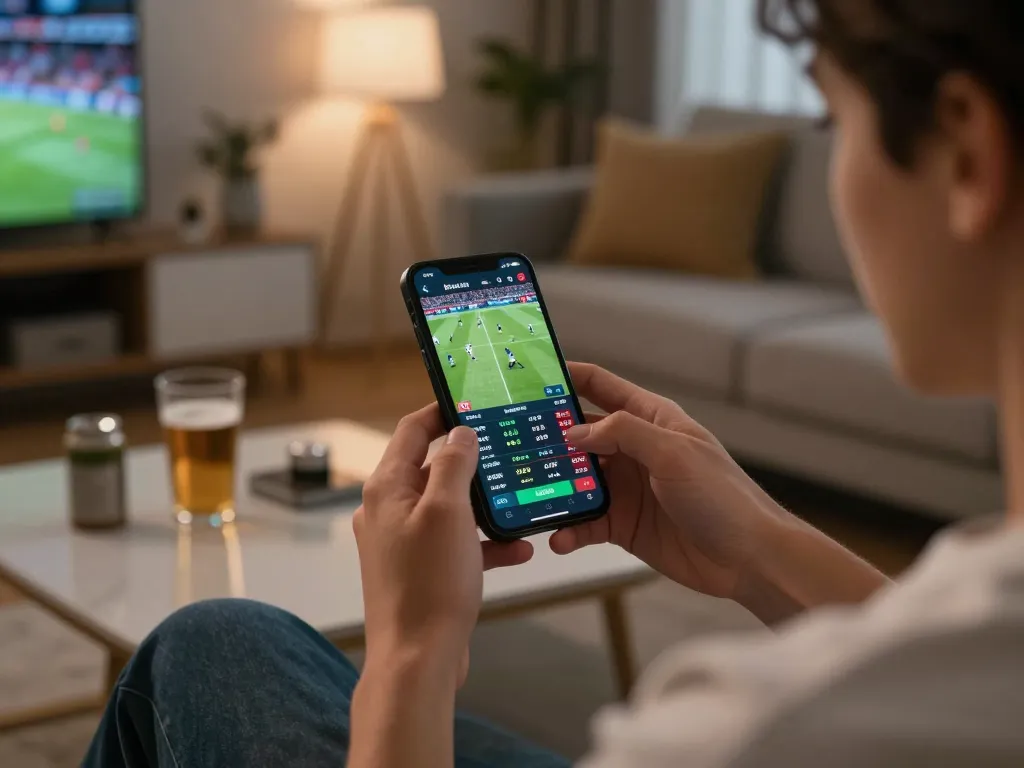 Betting on live sports with Winbd.io on a smartphone in a cozy home environment