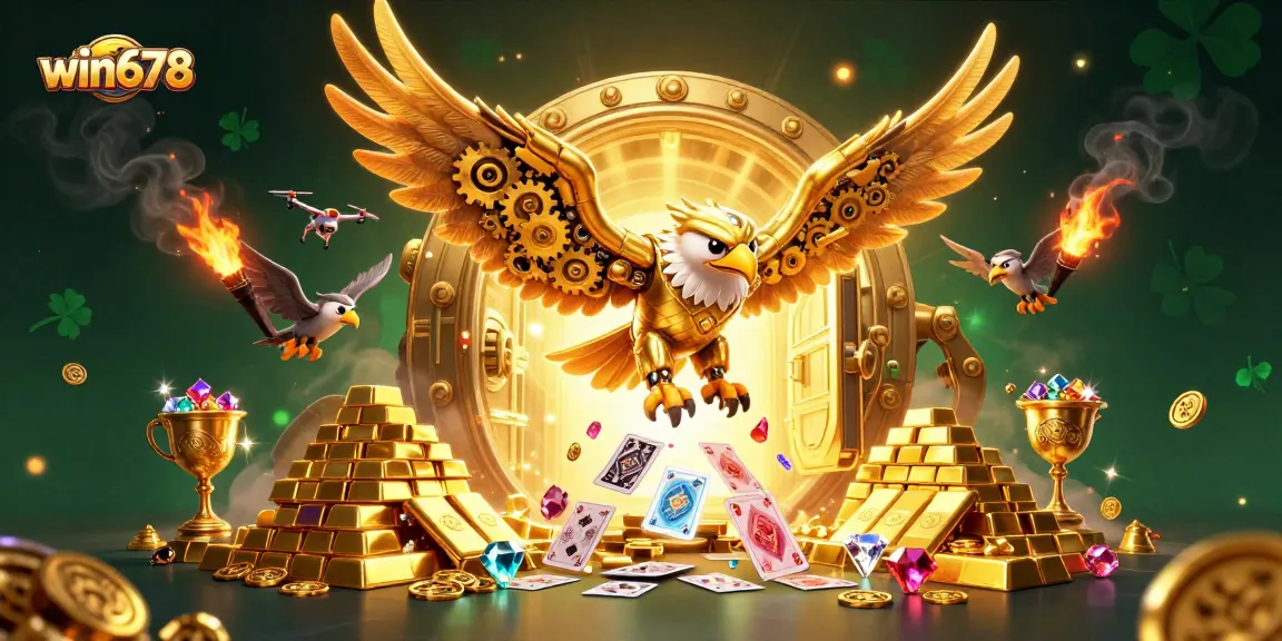 Experience the thrill of win678 with a captivating 3D illustration showcasing an eagle amidst dynamic casino elements.
