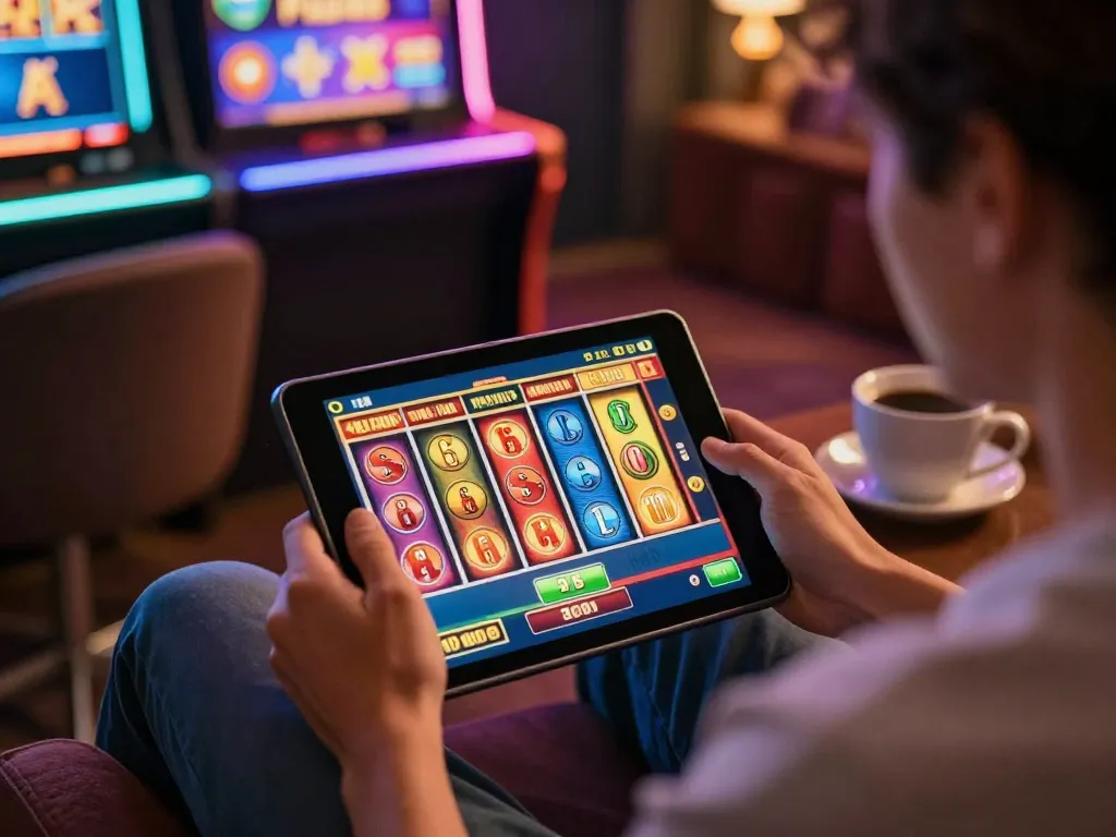 33WIN showing vibrant slot game on a tablet, creating an engaging online gambling atmosphere.