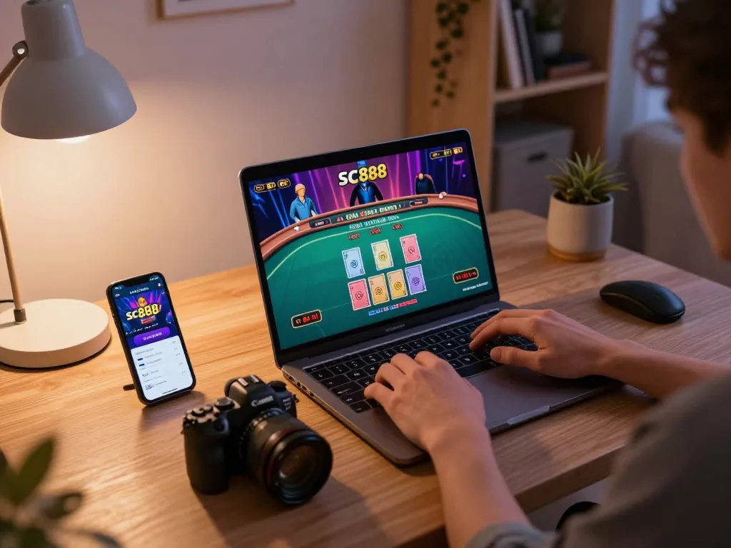Player engaging with sc888 online casino game on laptop, showcasing a live dealer table in stylish home setting