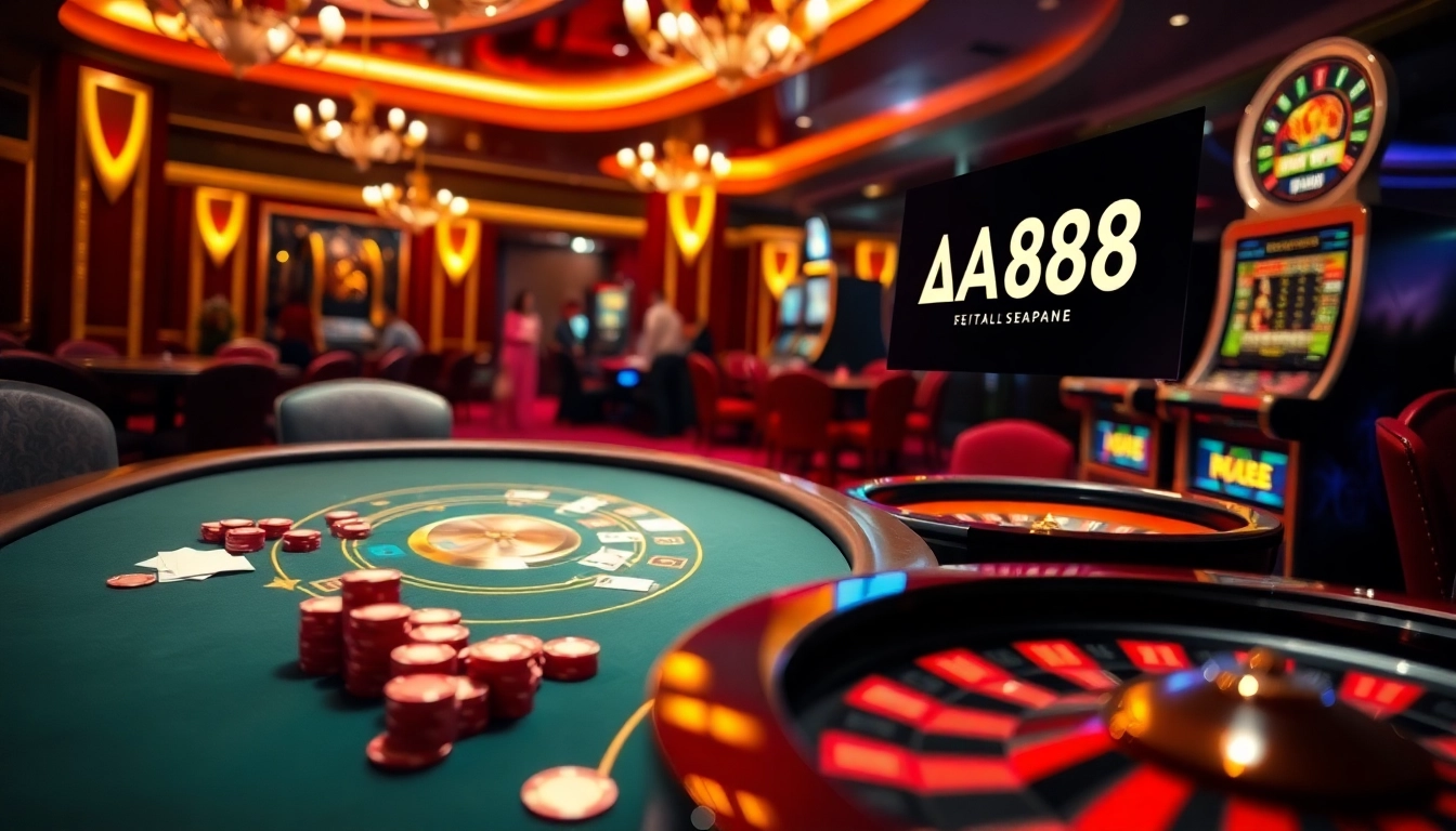 Exciting AA88 casino scene with poker chips, roulette wheel, and players engaged in games.
