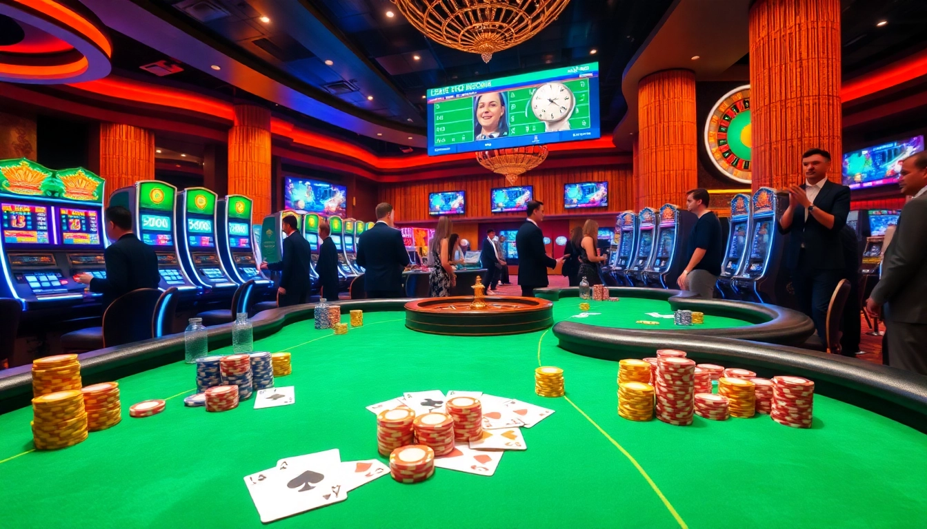 Players enjoying high-stakes poker at luongsontv60com casino, showcasing vibrant chips and cards.
