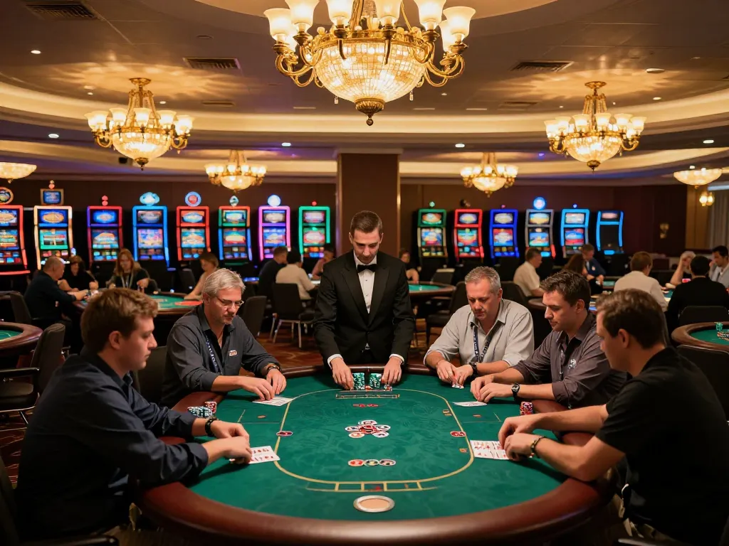 Players engaging in a high-stakes poker game at TR88 casino, with vibrant table settings and luxurious decor