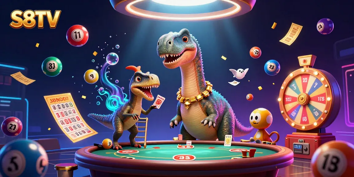 S8TV delivers high-stakes excitement with cartoon dinosaurs and lottery elements in a colorful casino scene.