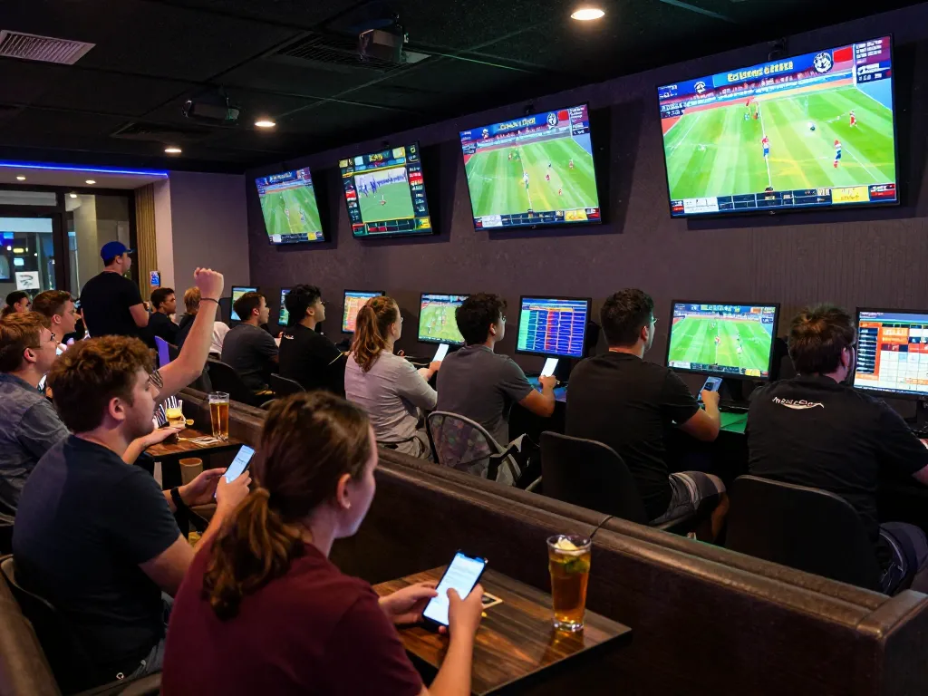 SBOBET sports enthusiasts placing bets in a vibrant sports betting lounge, engaging with live games.