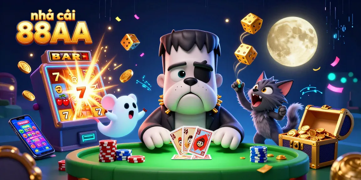 Engaging scene showcasing nhà cái 88AA with a Frankenstein bulldog, ghost mouse, and werewolf kitten at a casino table.