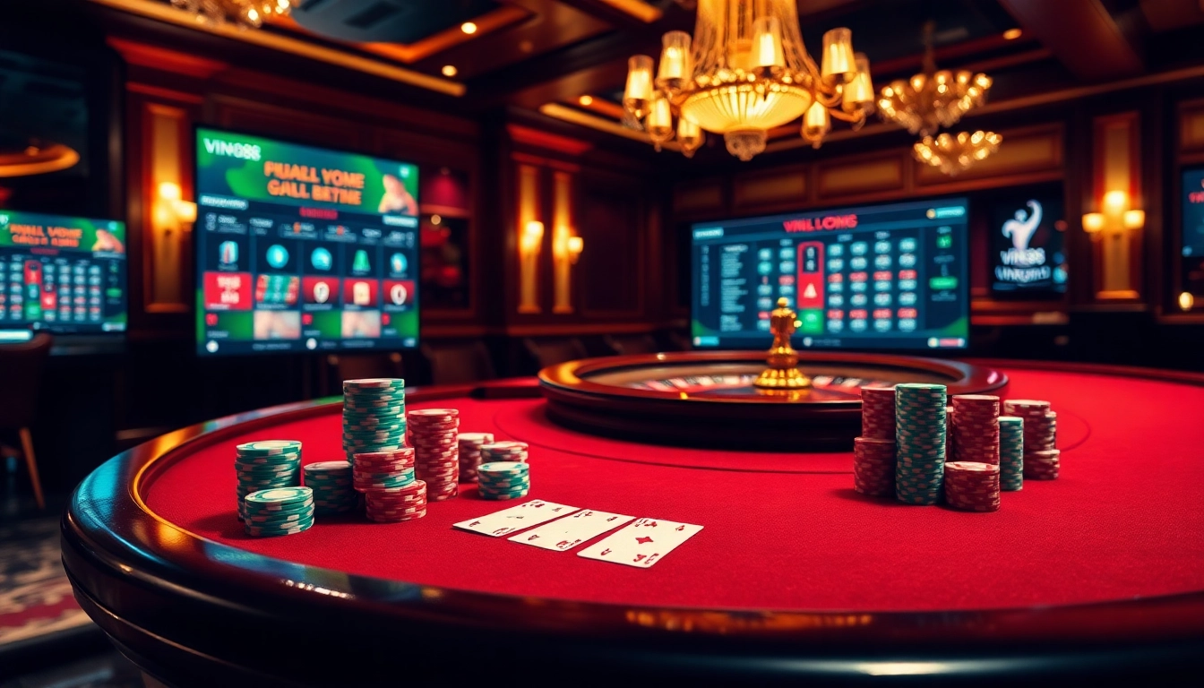 Experience thrilling gameplay at vin88 com with an elegant casino table setup, featuring vibrant poker chips and cards.