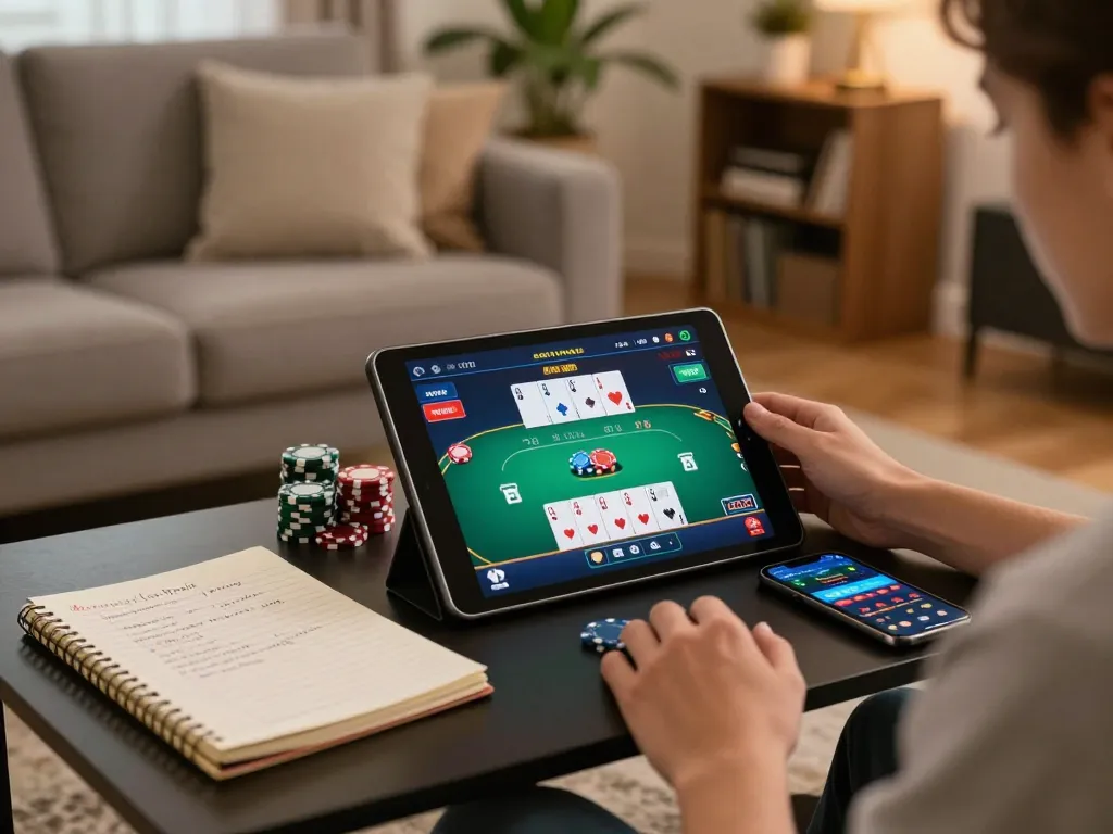 Engaging in online poker for game bài đổi thưởng uy tín from a cozy living room with strategic notes.