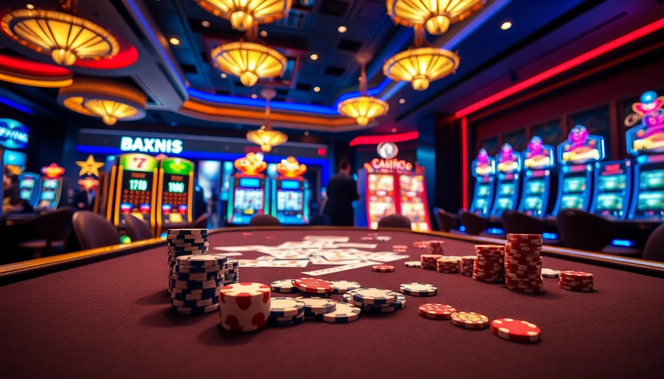 Experience the thrill of nha cai luck8 with vibrant gaming tables, casino chips, and slot machines in a luxury setting.