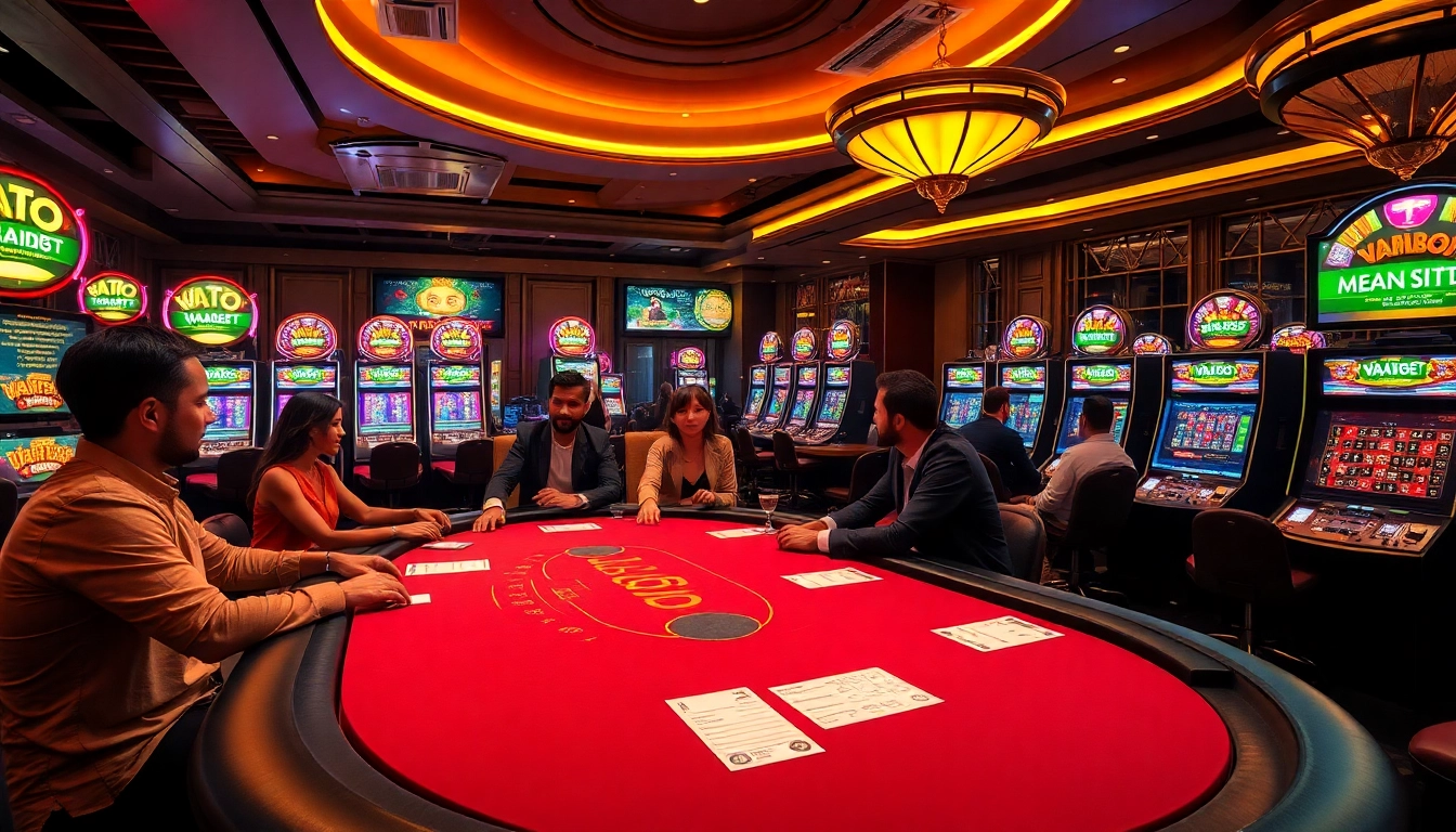 Players enjoying high-stakes poker at Vaobet casino, surrounded by lively slot machines and immersive gaming.