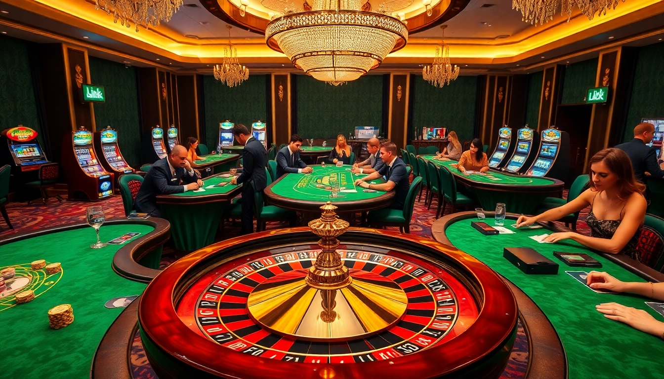 Exciting casino atmosphere featuring Link LUCK8 with vibrant gaming tables and roulette wheel.