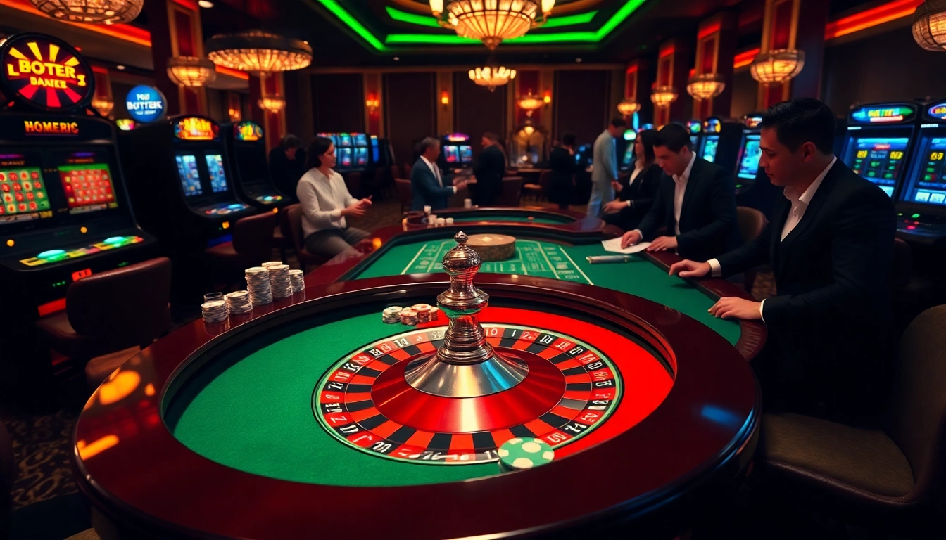 Engaging players at a roulette table representing https://jun88pl.com/ with luxurious casino atmosphere.