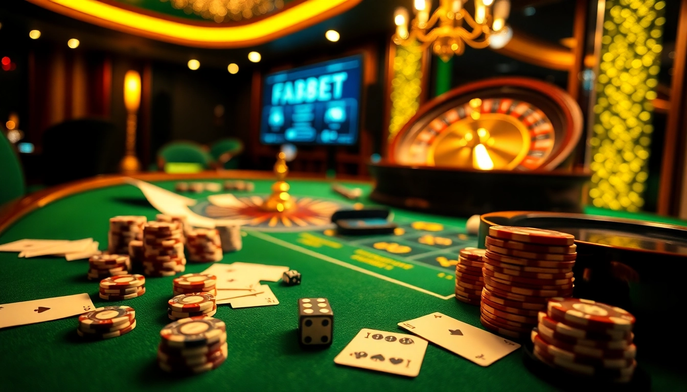 Experience thrilling gameplay at FABET's vibrant casino tables with poker chips and a roulette wheel.