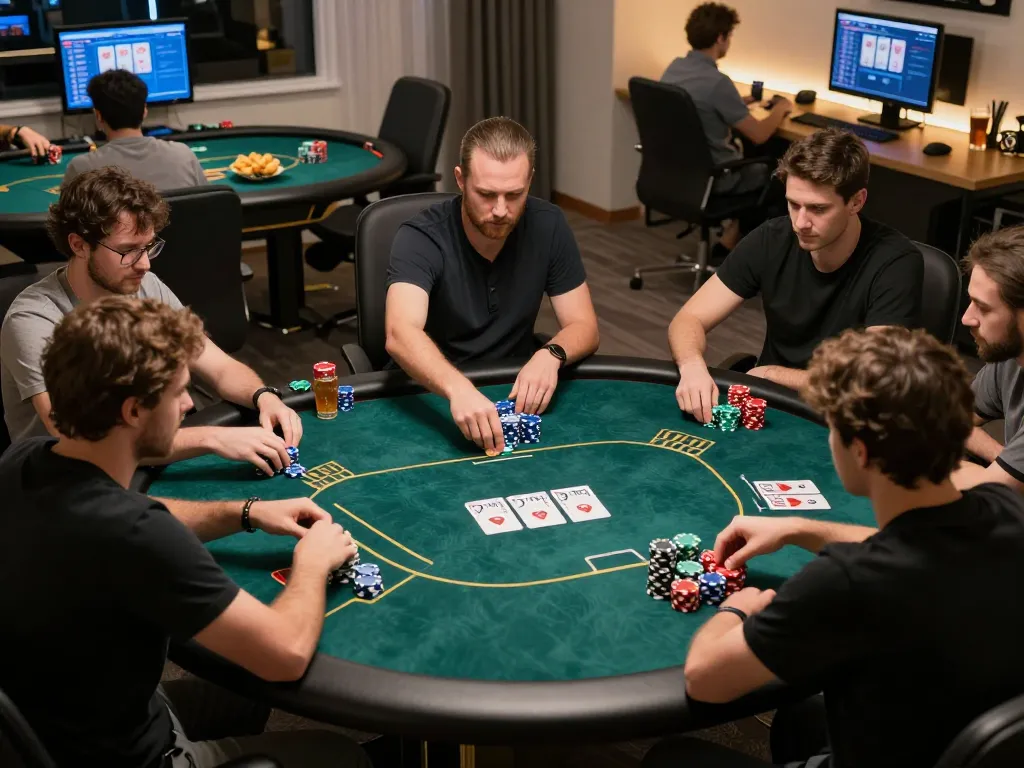 Players strategizing in an intense online poker game on Sunwin platform, showcasing colorful chips and focused gameplay.