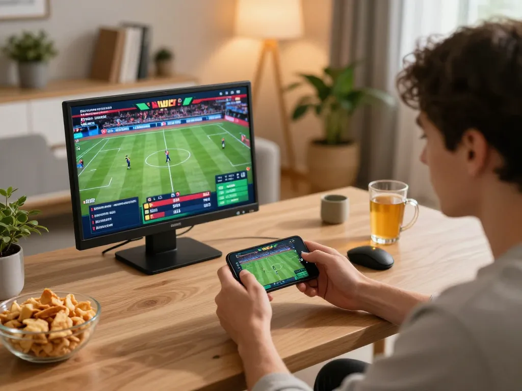 Engaged user placing a sports bet on rr88 smartphone app in a stylish home setting.