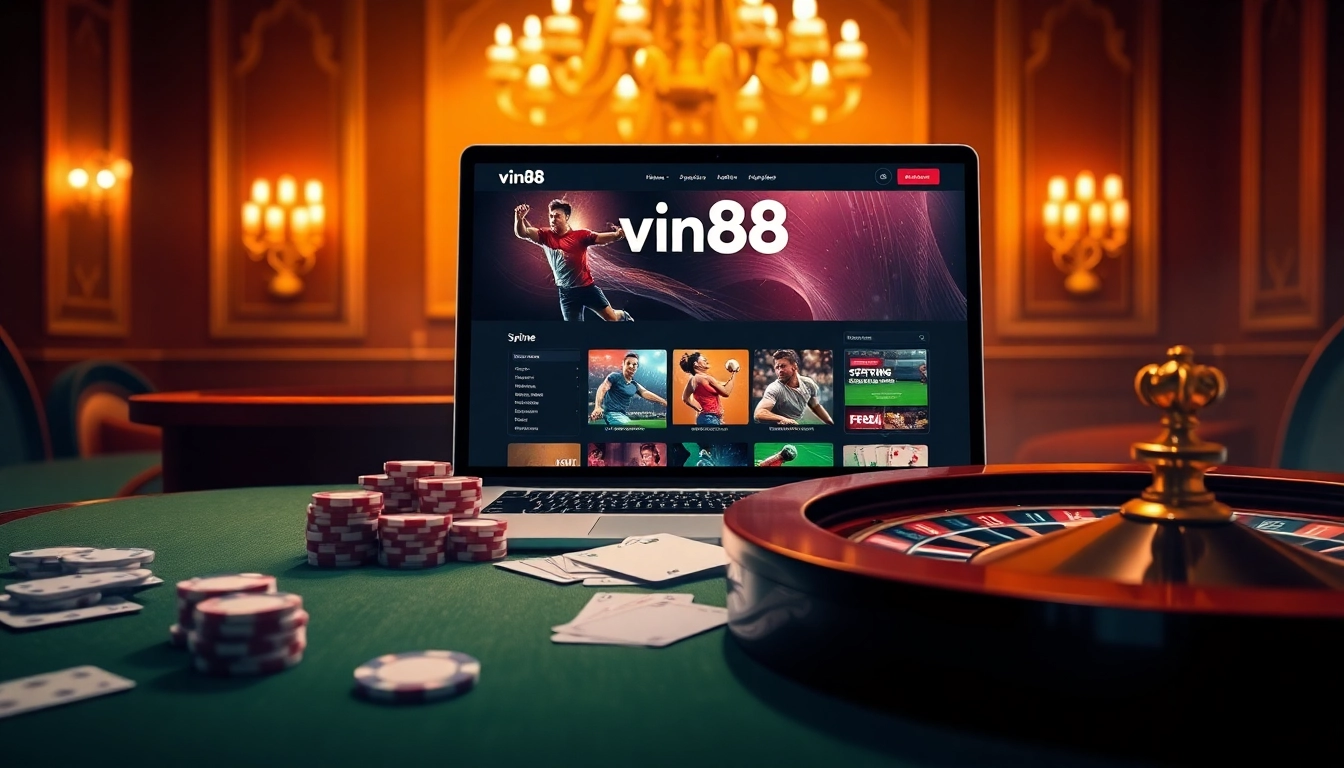 Experience the excitement of online gaming at Vin88 with poker chips and a roulette wheel.