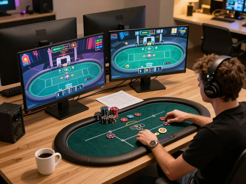 Engaged player enjoying online poker at hm88 game interface with multiple screens.
