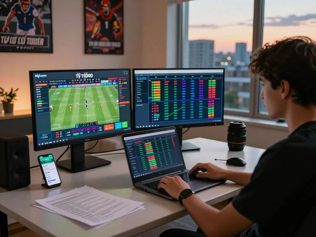 Tỷ lệ kèo trực tuyến displayed on monitors during an online sports betting session.
