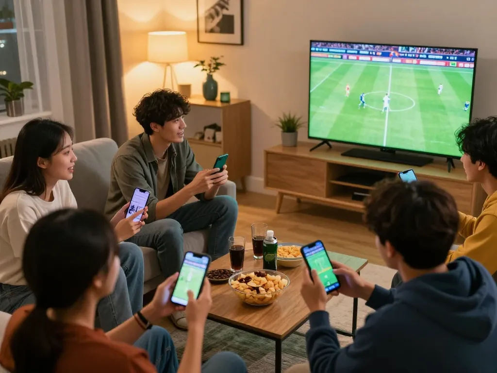 Friends engaging in sports betting at home using bongdallu app on smartphones during a live football match