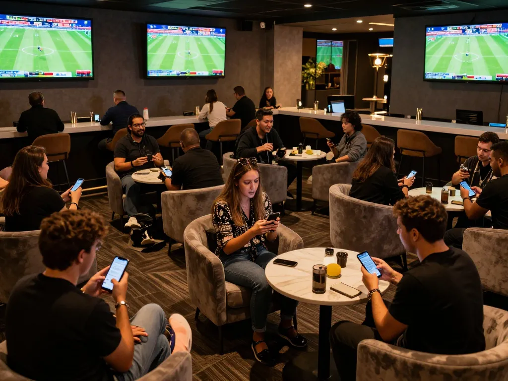 Fans engaging with kkeonhacai sports betting app while watching live football matches in a vibrant lounge atmosphere.