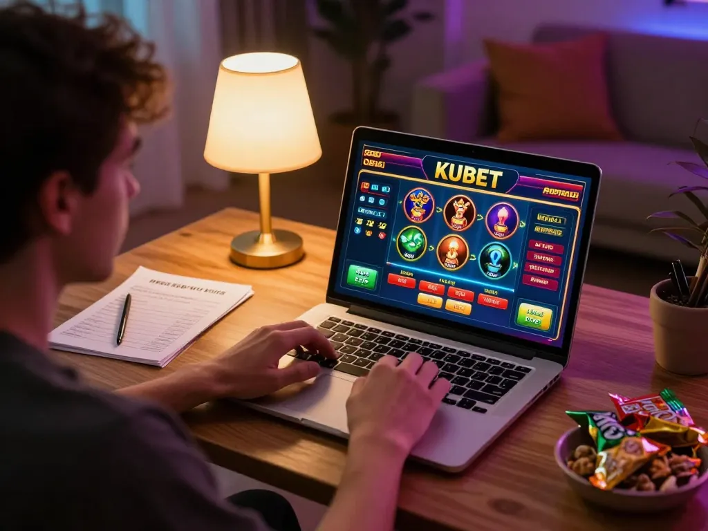 KUBET user engaging with online casino games on a laptop in a cozy home setting.
