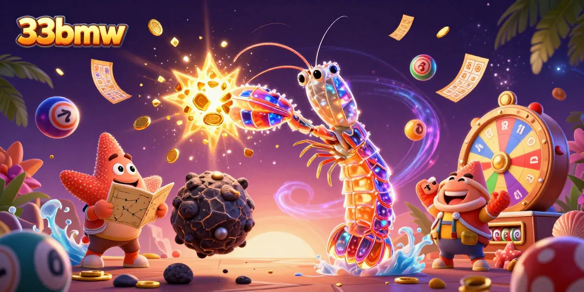 33bmw's 3D cartoon mantis shrimp smashing asteroids, surrounded by vibrant lottery elements.