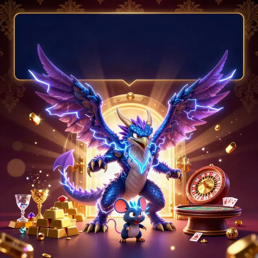 Thunder dragon, wind hawk and static mouse over a gold vault in a neon casino scene.