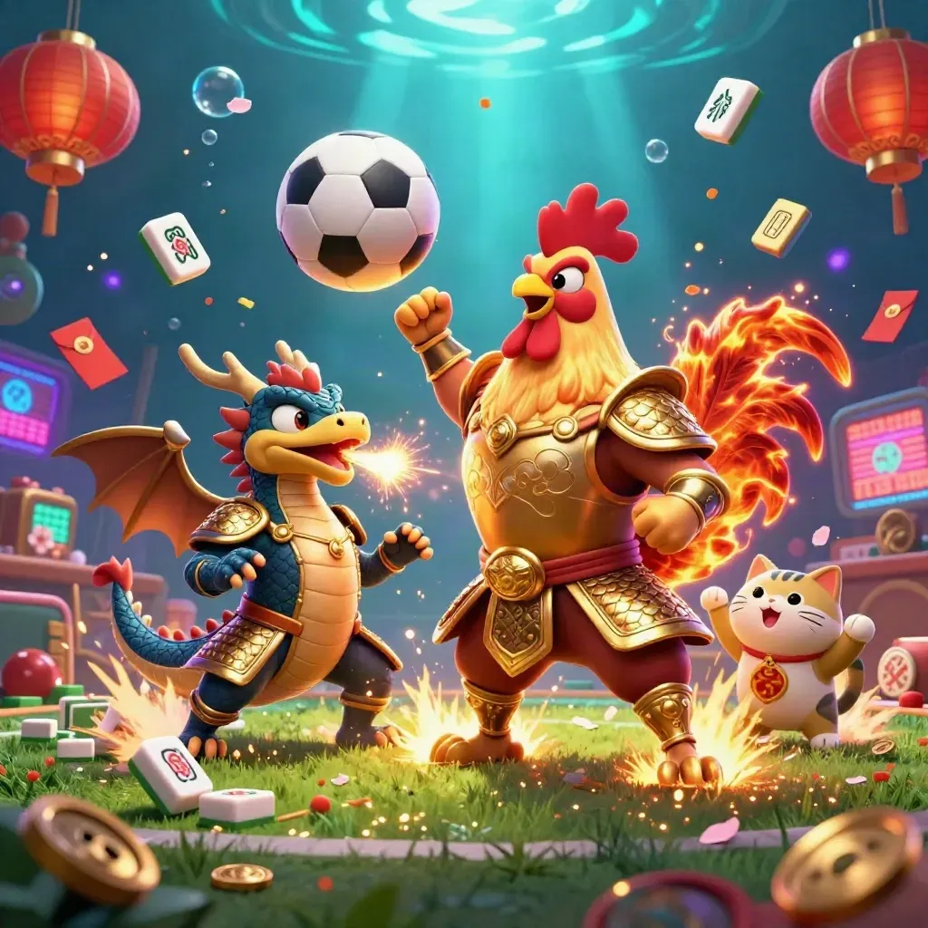 Rooster warrior, dragon hatchling and lucky cat amid sparks, ball flight and casino glow underwater.