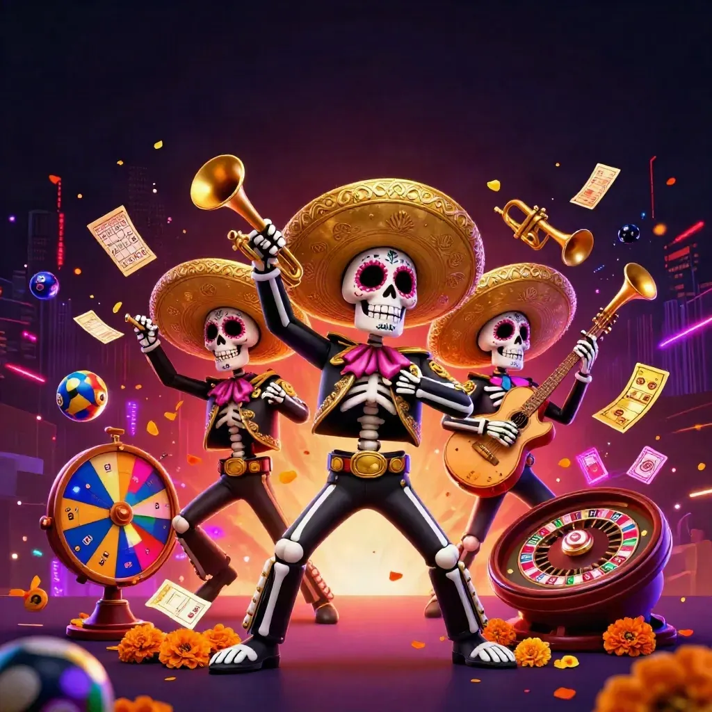 Day-of-the-Dead skeleton mariachi trio amid casino lights, roulette, bingo and gold confetti.