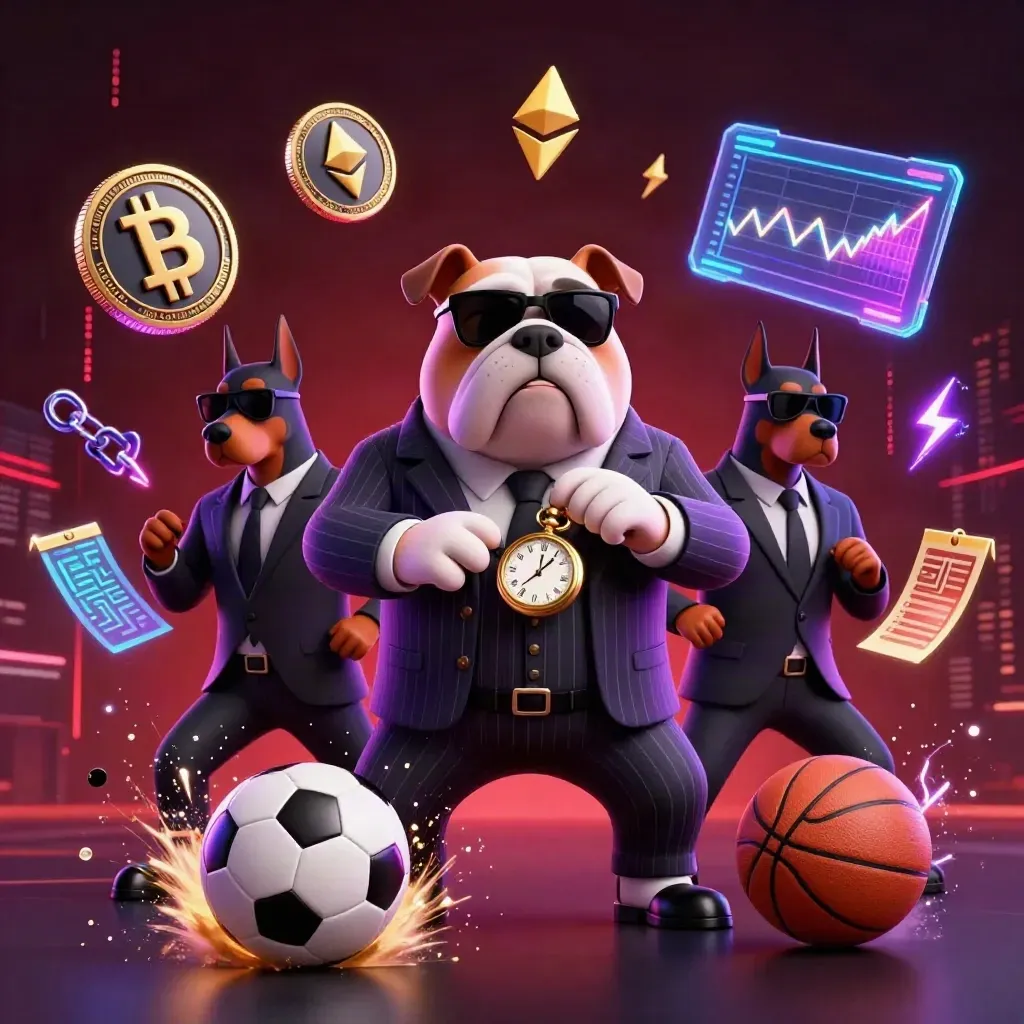 Cartoon bulldog boss with Dobermans, crypto coins, and neon sports chaos in a casino scene.