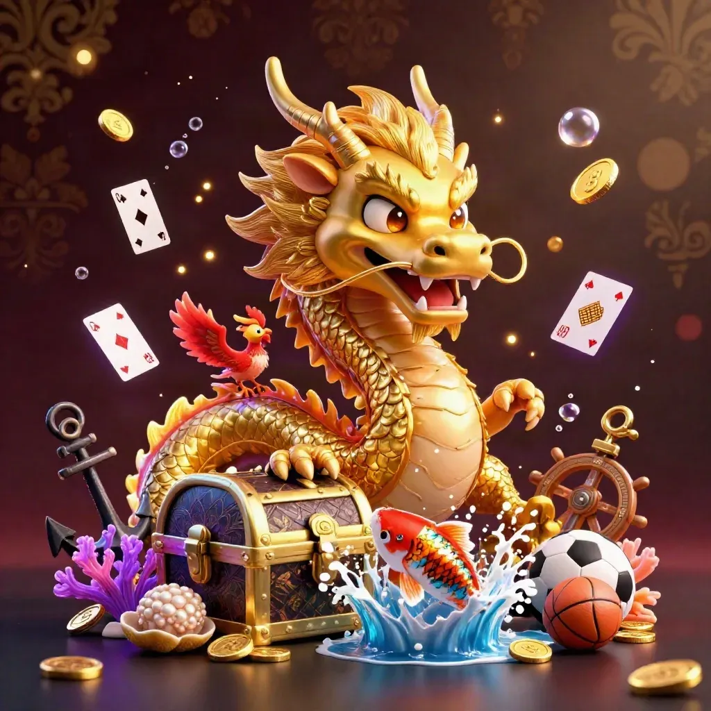 Golden dragon, phoenix and koi amid casino loot, coins, cards and sports props in a luxe underwater cove.