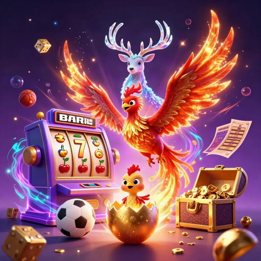 Phoenix, stag and casino symbols burst with glowing sports balls in purple-gold fantasy art