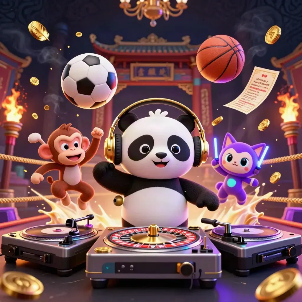 Low-angle casino sports key art with panda DJ, breakdancing monkey, and rave kitten amid flying balls and coins
