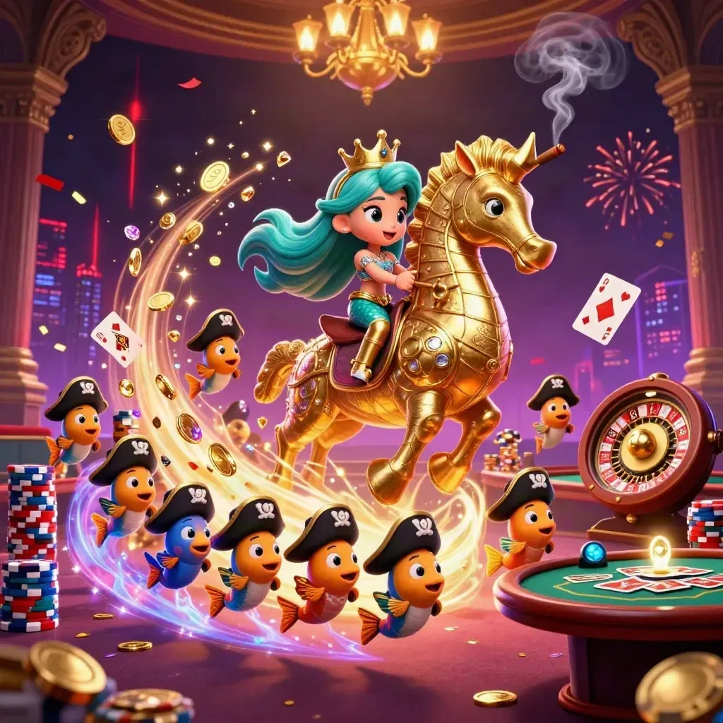 Mermaid princess rides armored seahorse amid casino coins, gems, chips, cards, and glowing lights.