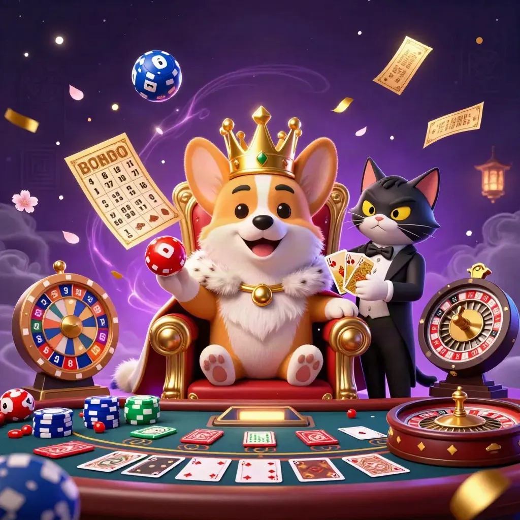 Crowned corgi and cat butler in a glowing casino scene with spinning games and magical lights.