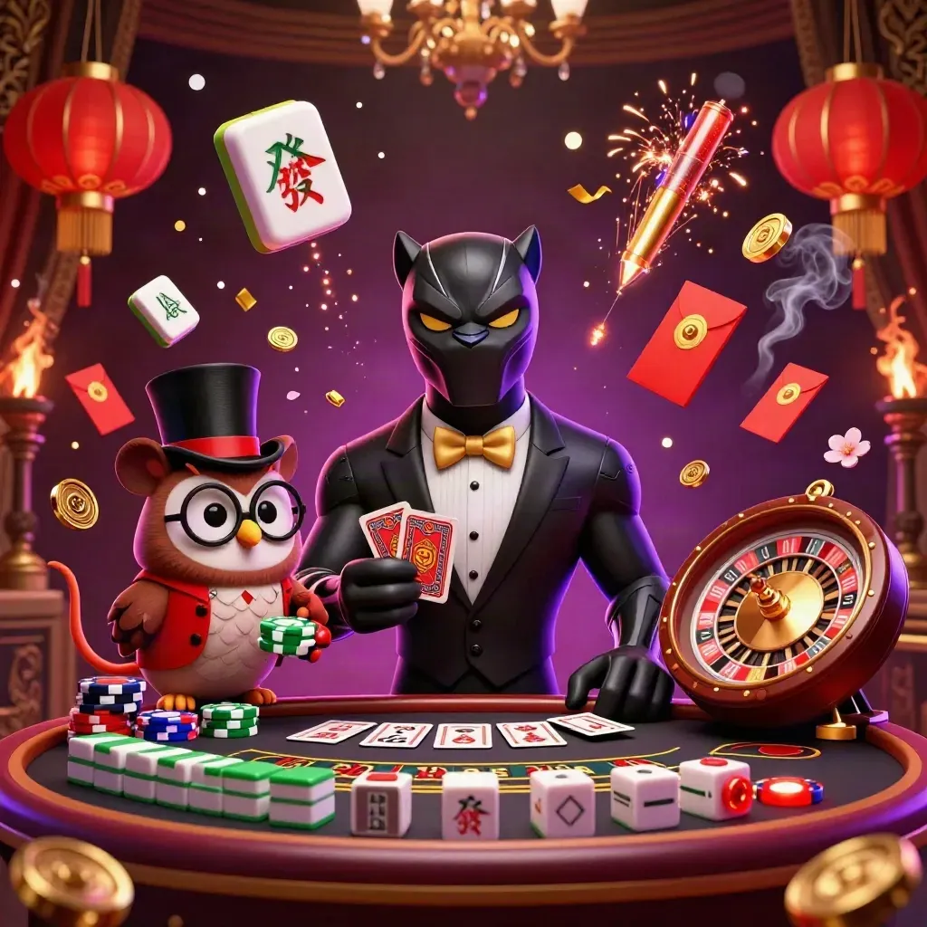 Black panther, owl, and mouse amid casino lights, lanterns, coins, smoke, and gold bokeh.