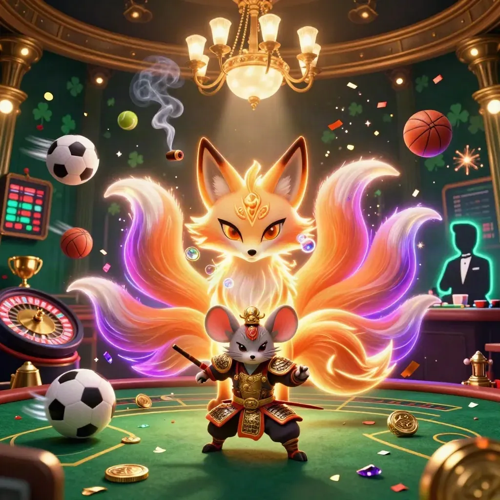 Fox spirit and mouse warrior amid casino glow, coins, sports balls, trophy, fireworks.