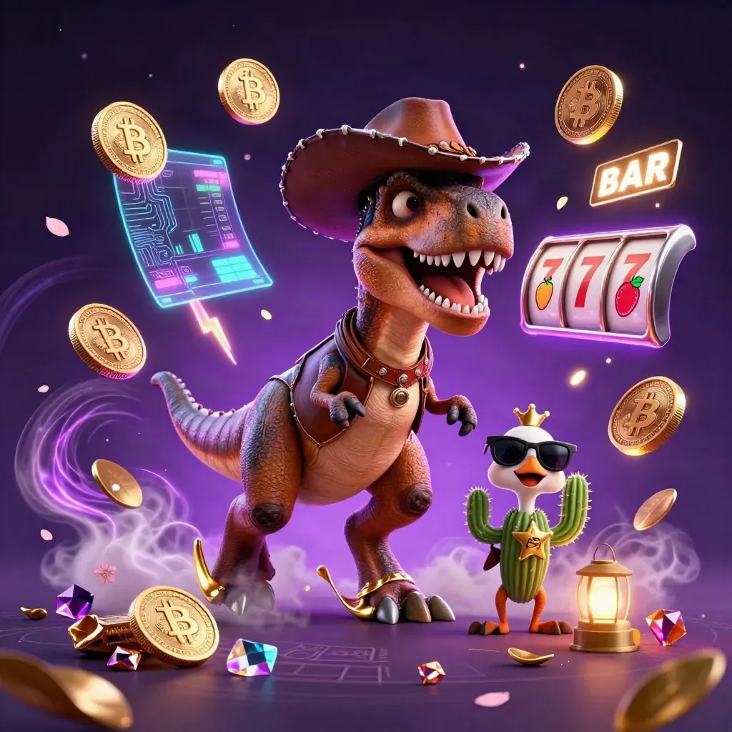 Cowboy T-Rex, cactus and roadrunner amid neon coins, magic sparks and purple casino glow.