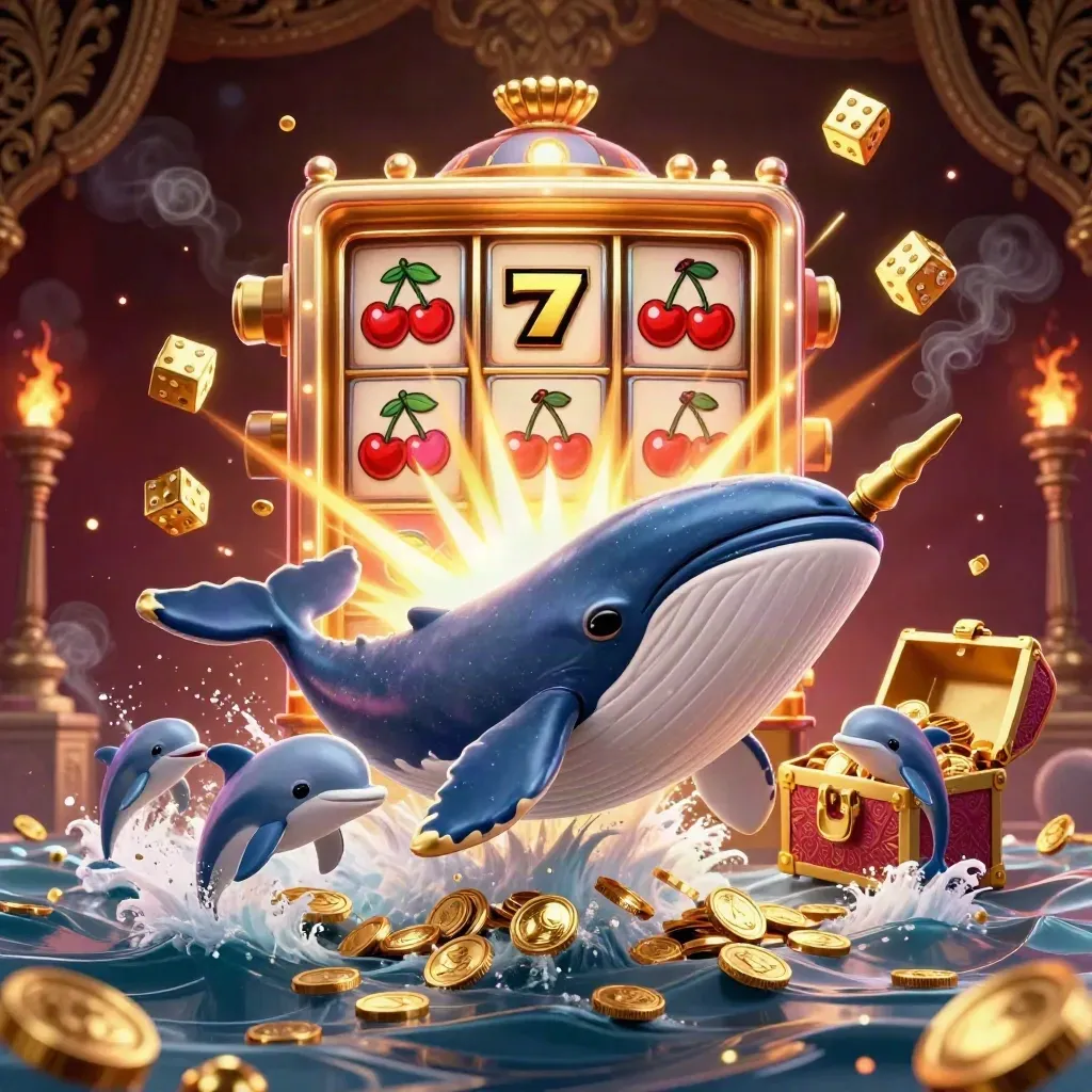 Whale captain, narwhal and dolphins burst from coin spray around a glowing jackpot machine.