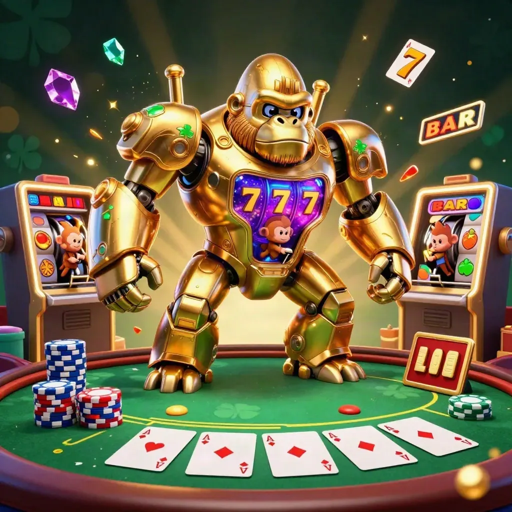Golden gorilla mech with tiny monkey pilot amid chips, aces, emerald glow, and gold sparks.
