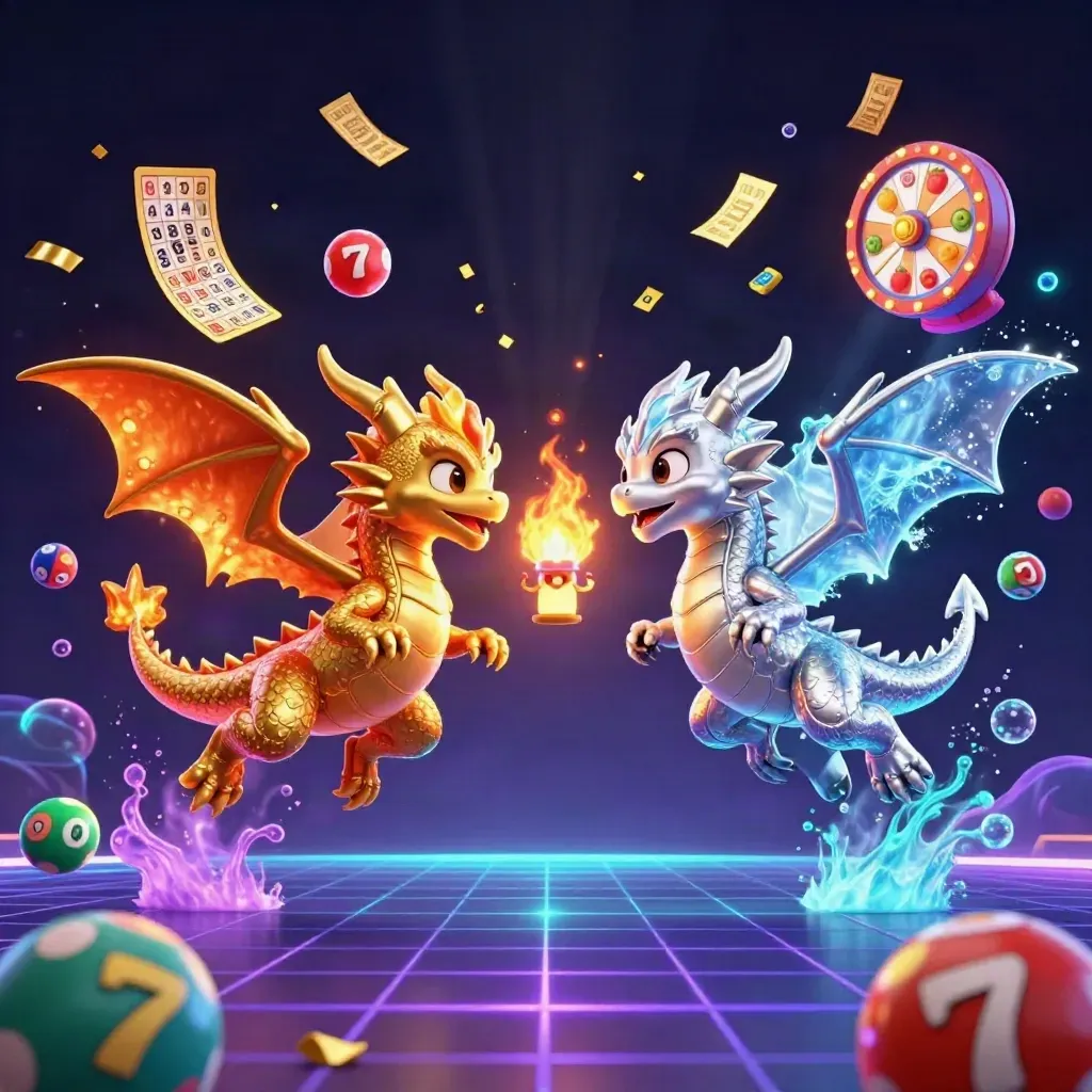 Twin gold and silver dragons spiral in neon casino magic with balls, tickets, and a prize wheel.